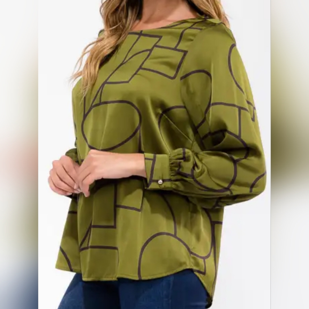 PerSeption Concept Olive Long Sleeve Geometric Blouse